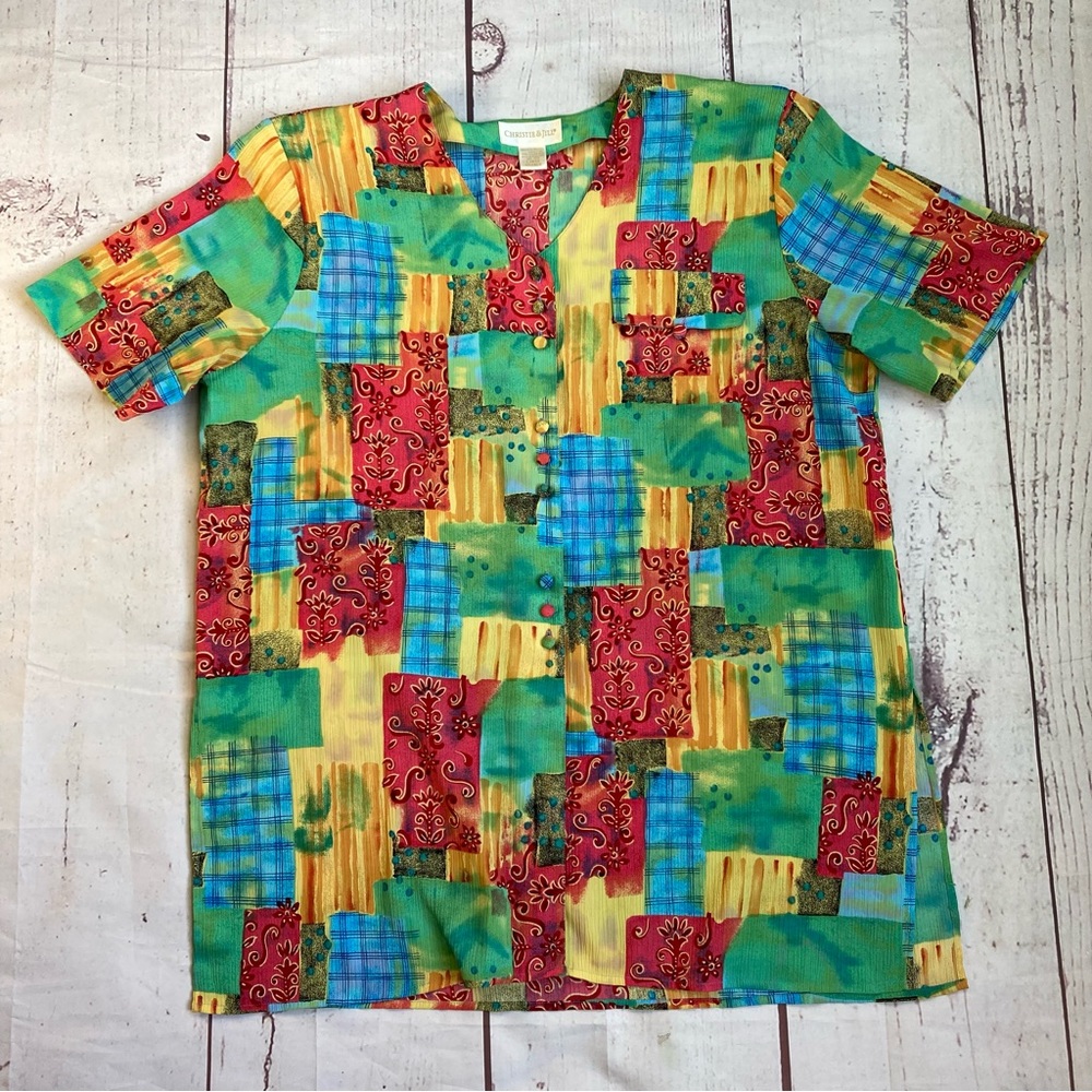 Vintage Christie & Jill L Large Colorful Patchwork Print Button Blouse Gauzy
